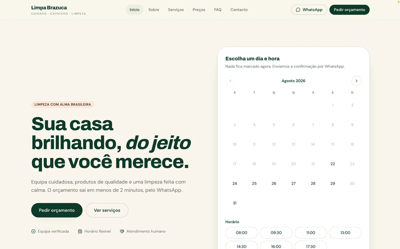 Site da Limpa Brazuca com calendário de marcação de limpezas